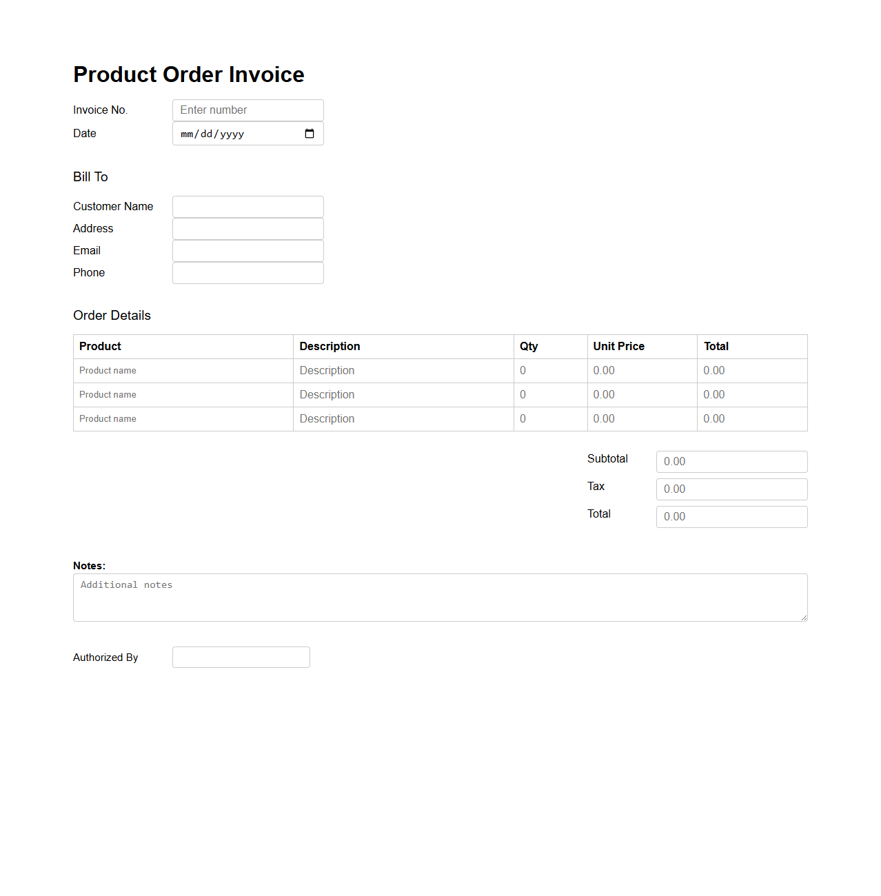 Product Order Blank Invoice Page