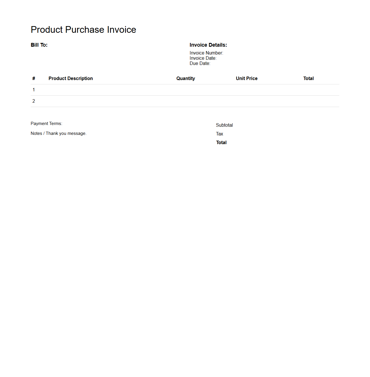 Product Purchase Invoice Blank Layout