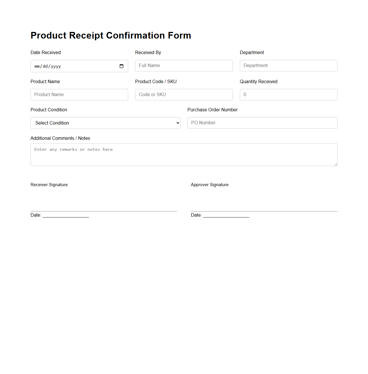 Product Receipt Confirmation Form