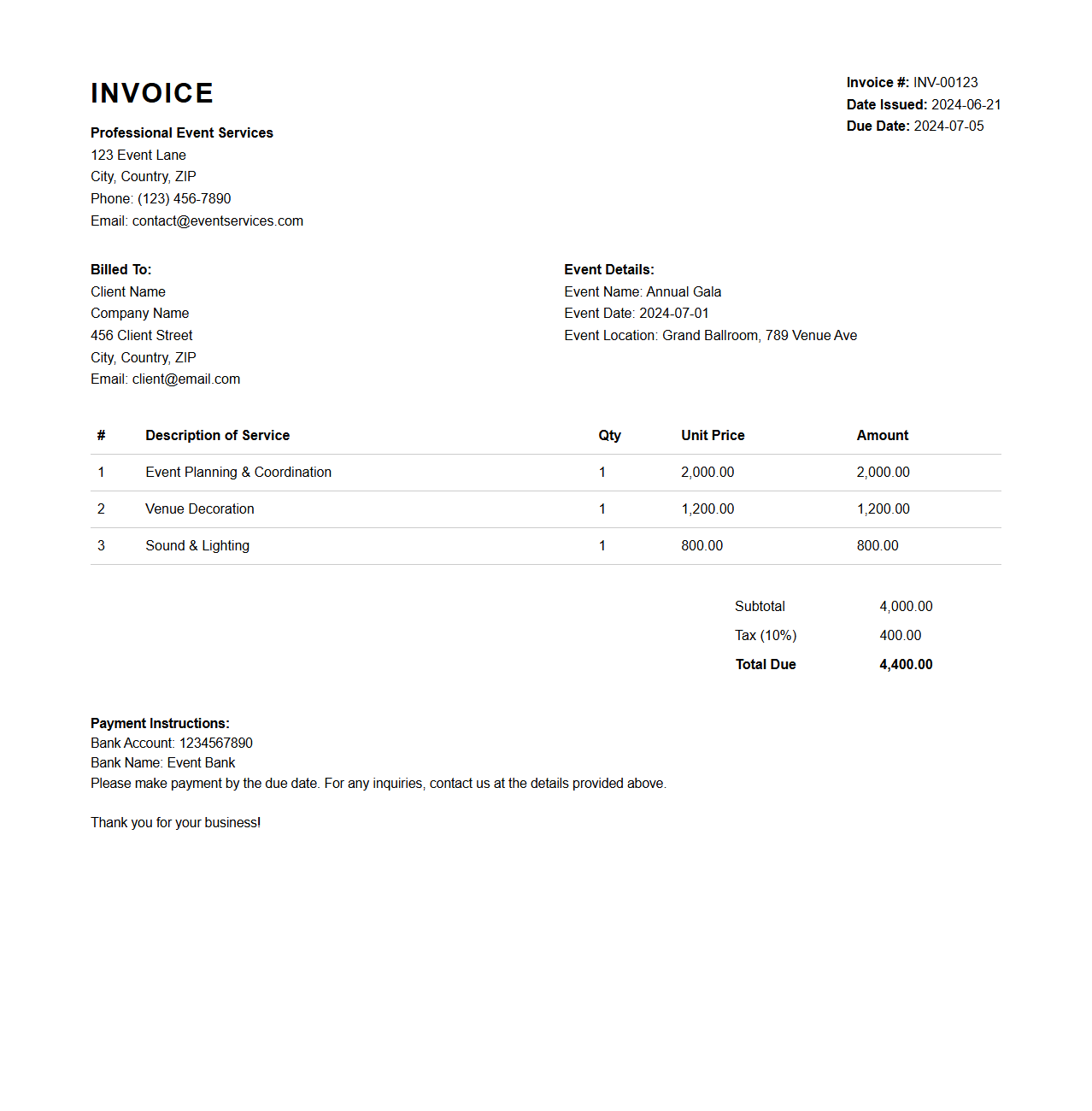 Professional Event Services Invoice Format