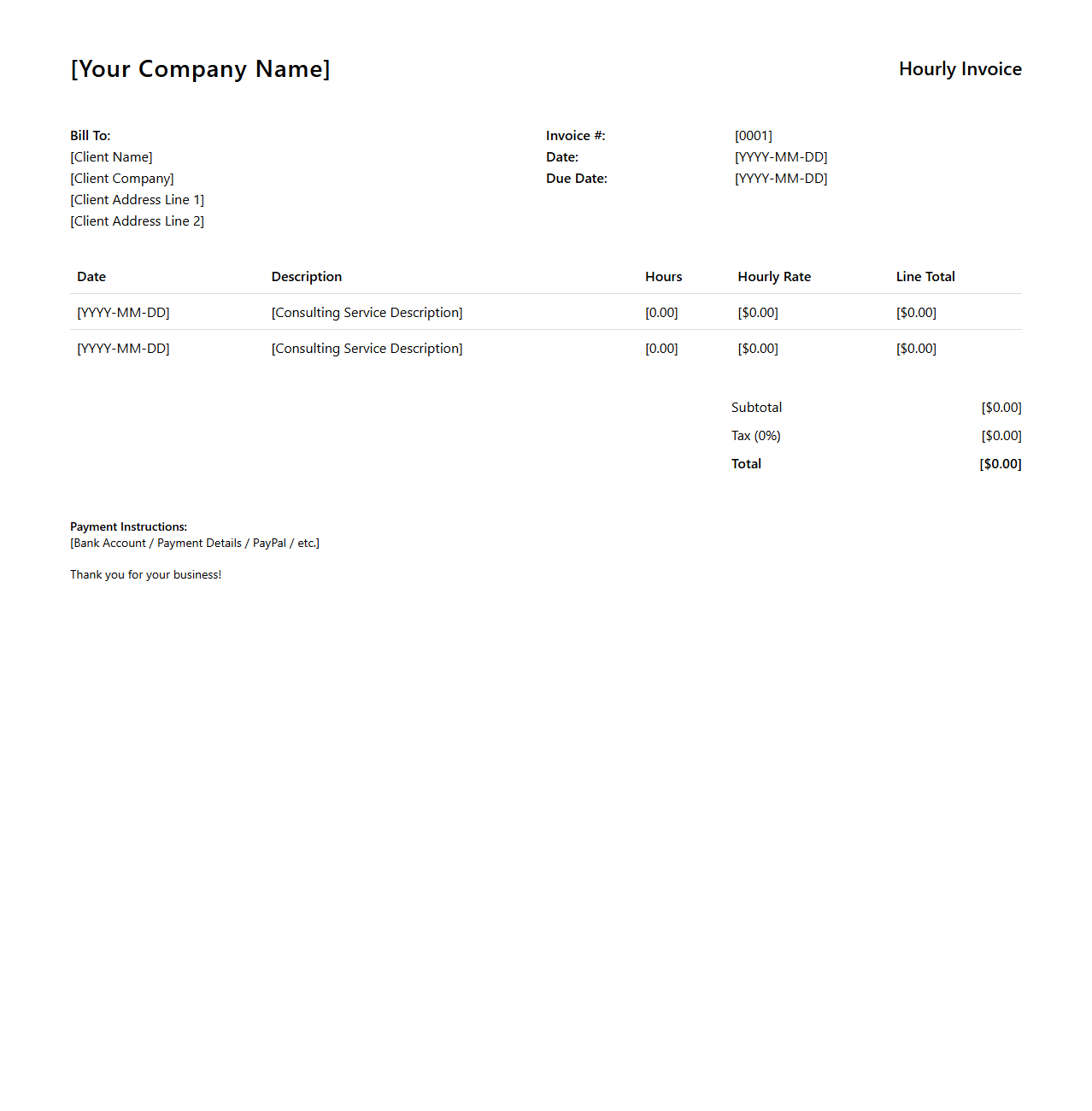 Professional Hourly Invoice Template for Consultants