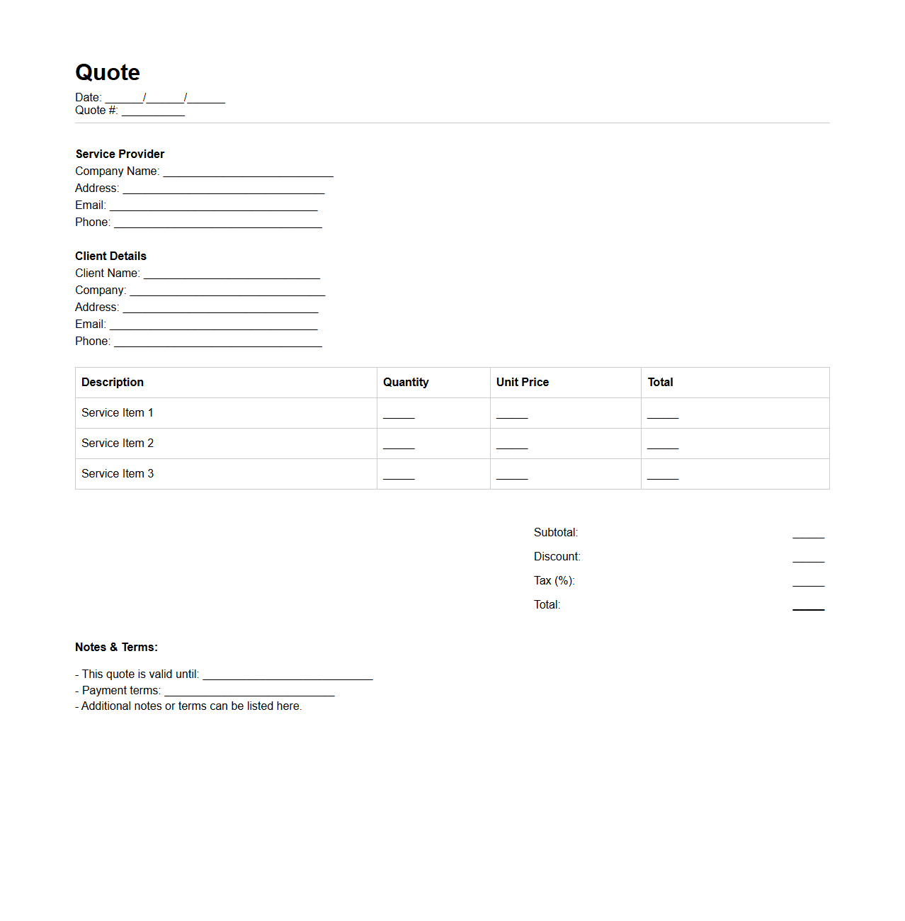 Professional Quote Format Template for Service Providers