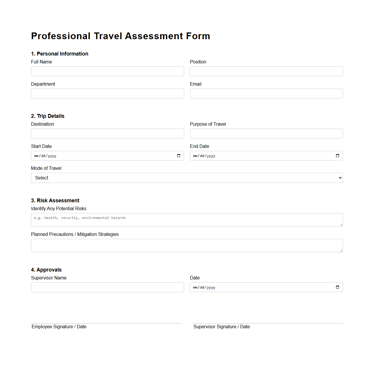 Professional Travel Assessment Form