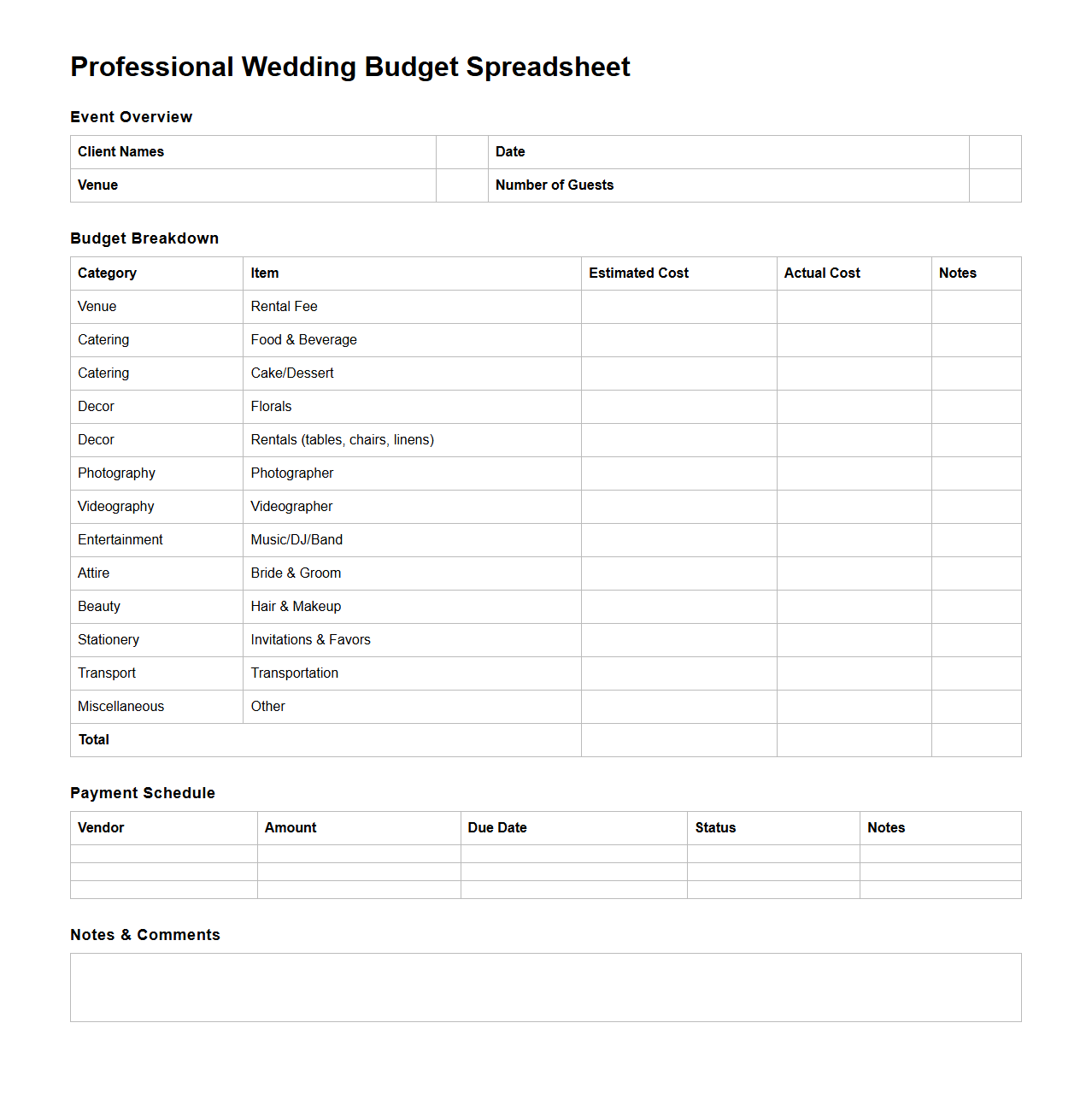 Professional Wedding Budget Spreadsheet for Event Planners