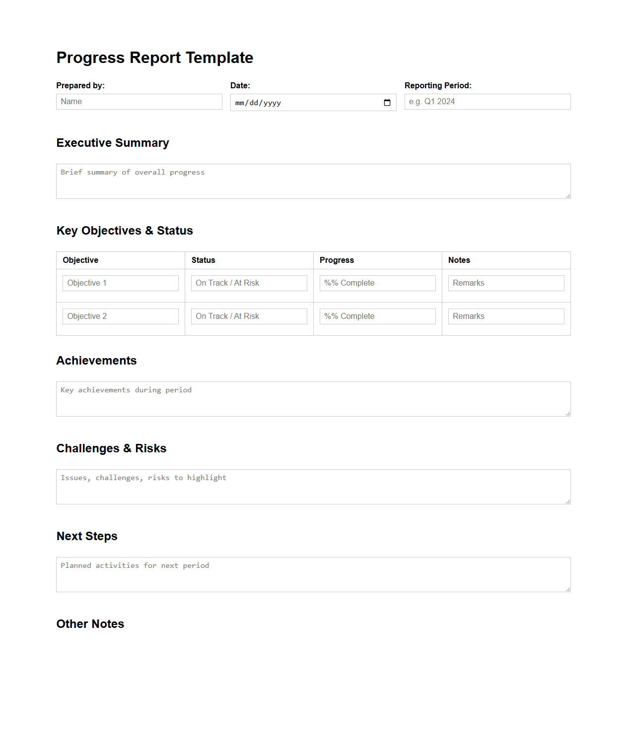 Progress Report Template for Board Meetings