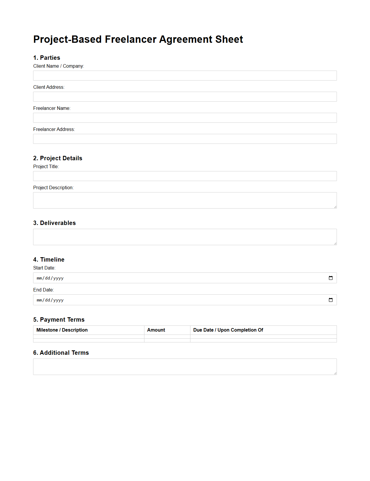 Project-Based Freelancer Agreement Sheet