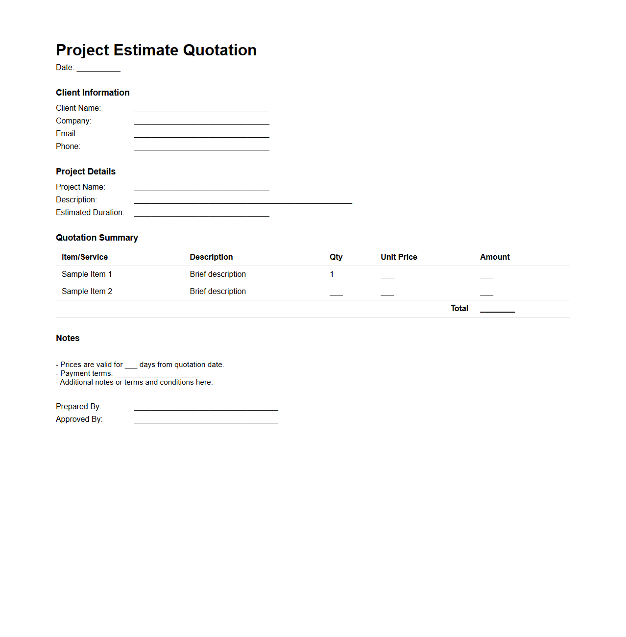 Project Estimate Quotation Page
