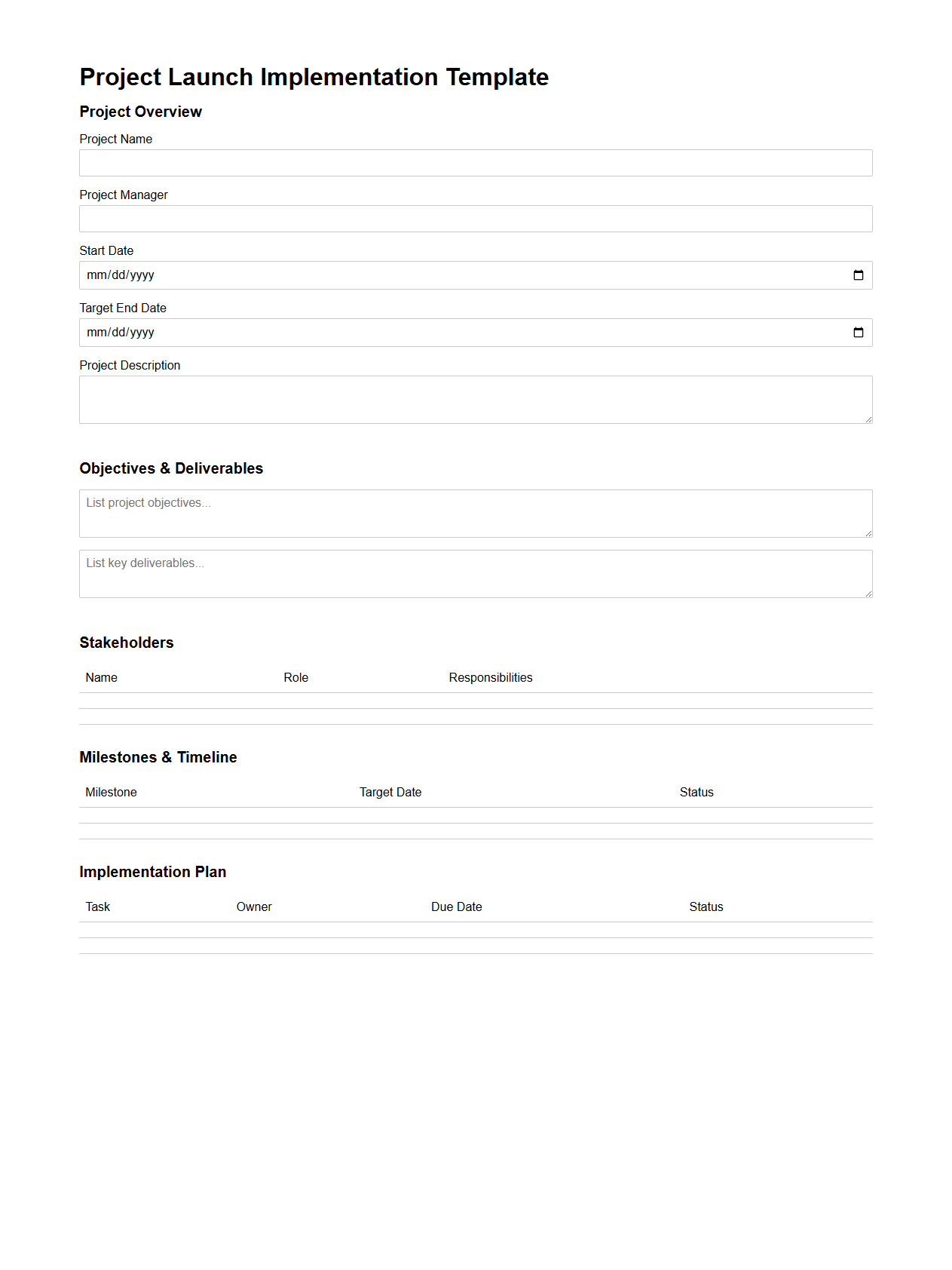 Project Launch Implementation Template
