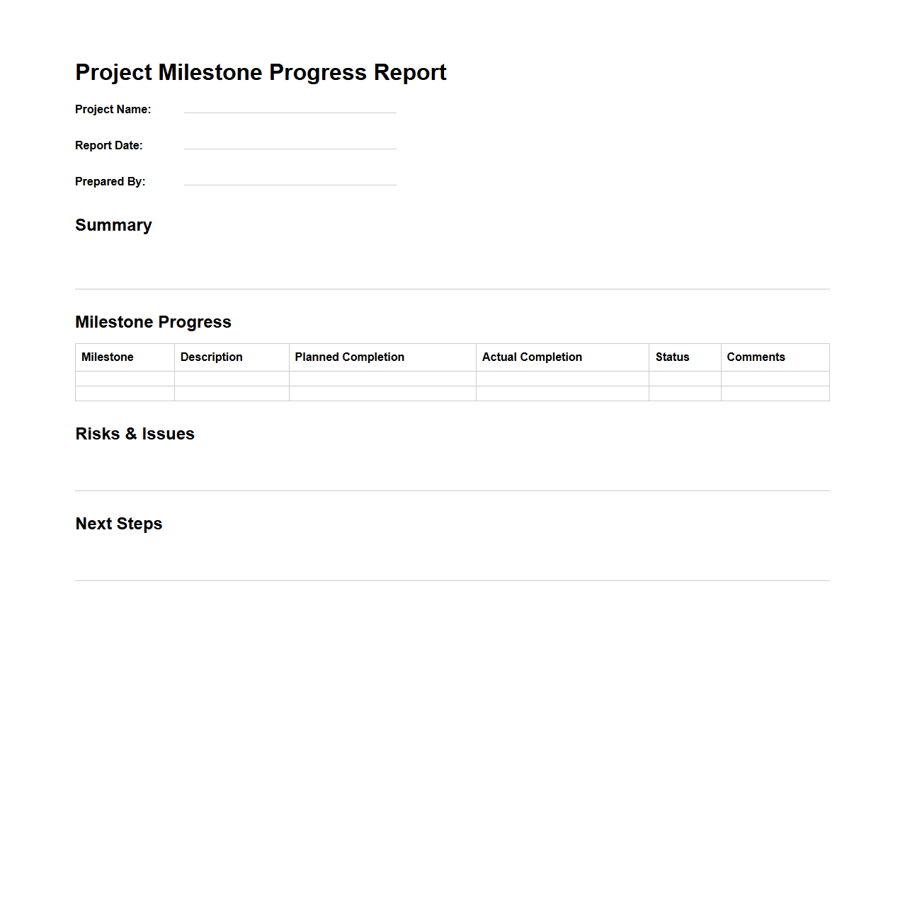 Project Milestone Progress Report Template