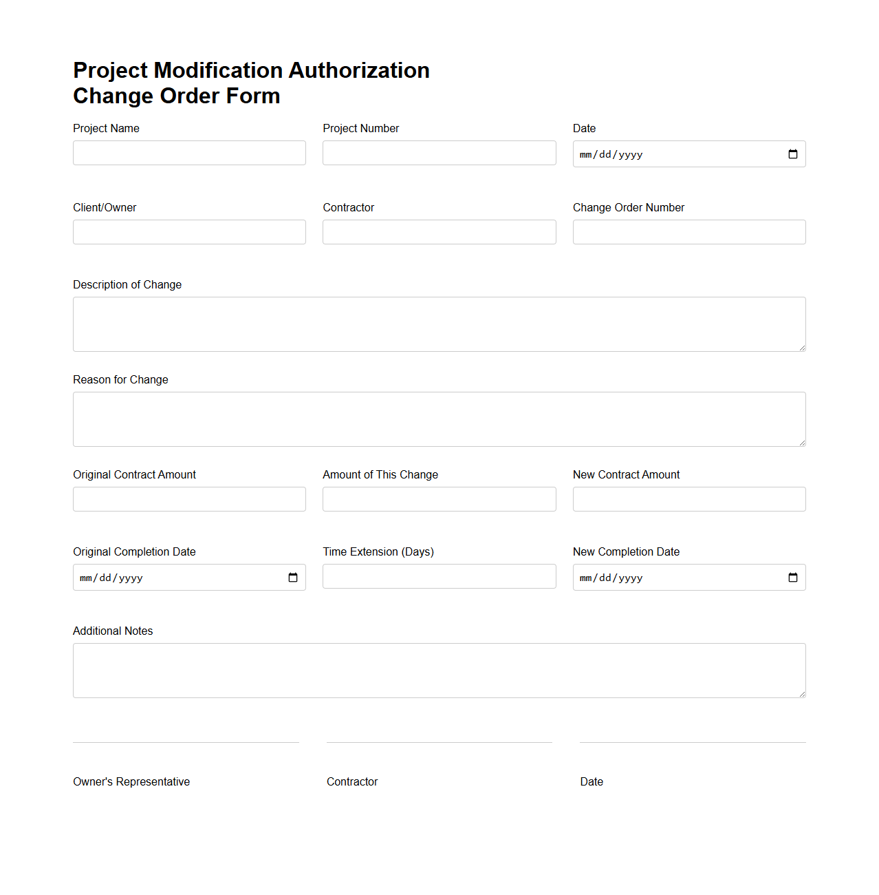 Project Modification Authorization Change Order Form