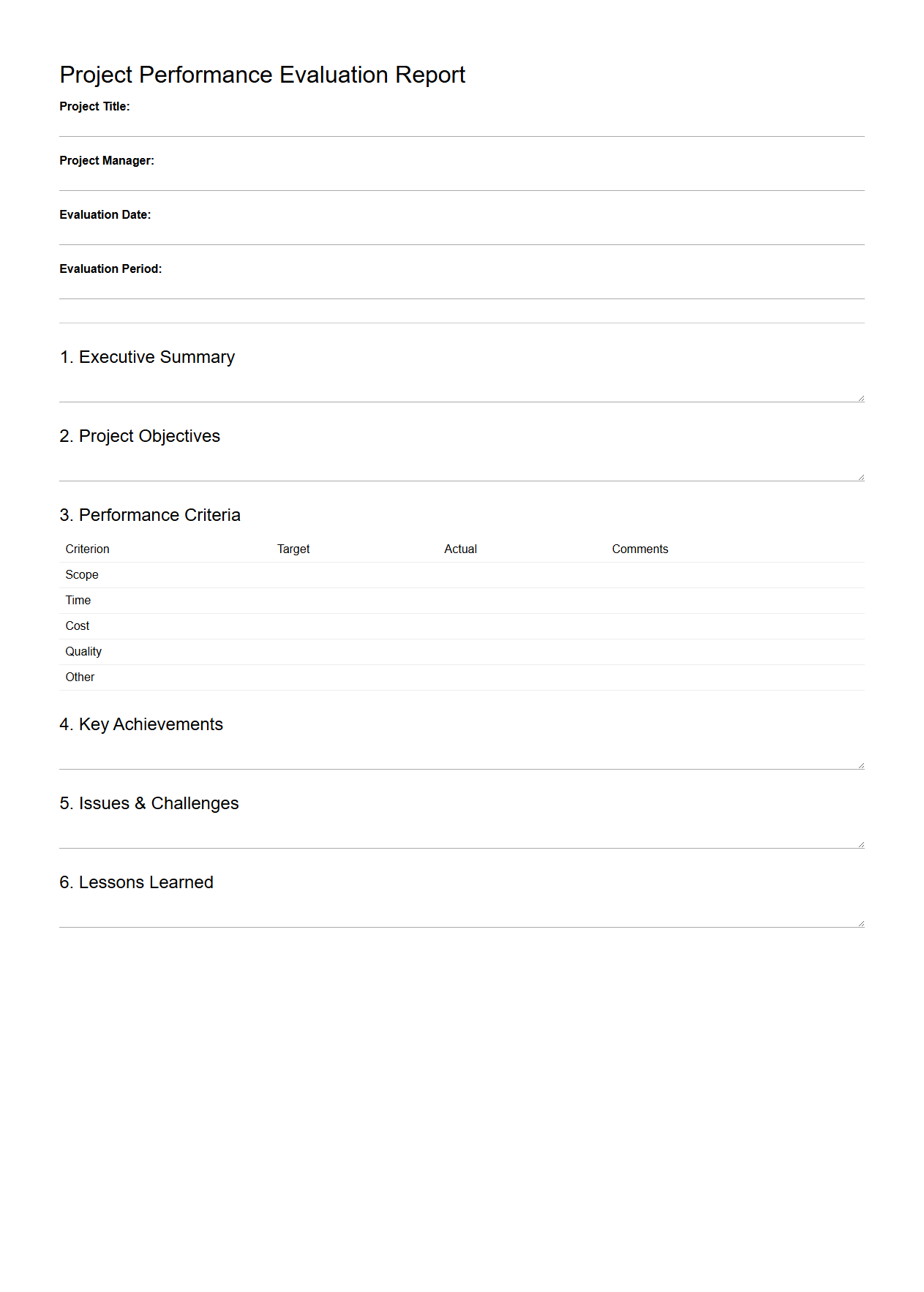 Project Performance Evaluation Report Template
