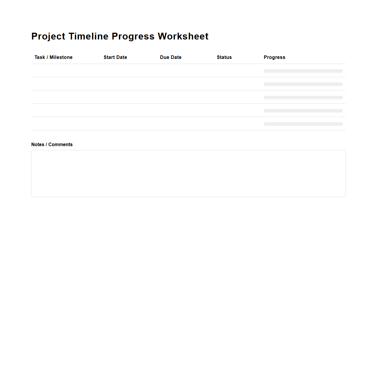 Project Timeline Progress Blank Worksheet