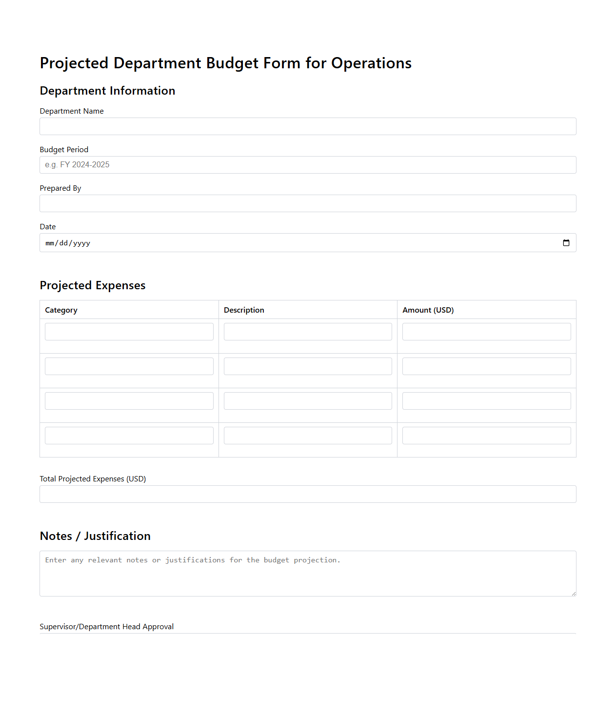 Projected Department Budget Form for Operations