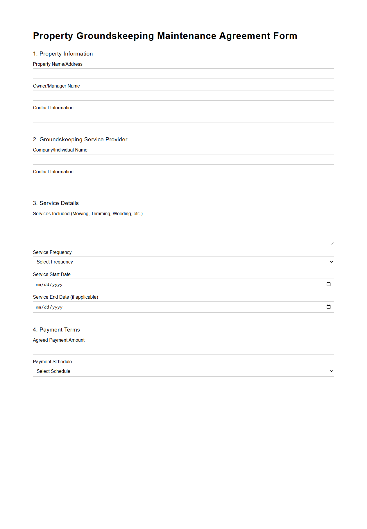 Property Groundskeeping Maintenance Agreement Form