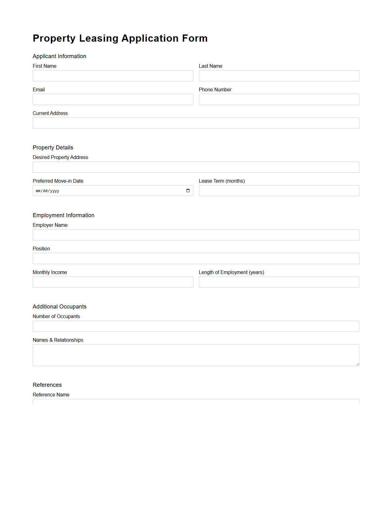 Property Leasing Application Form Example