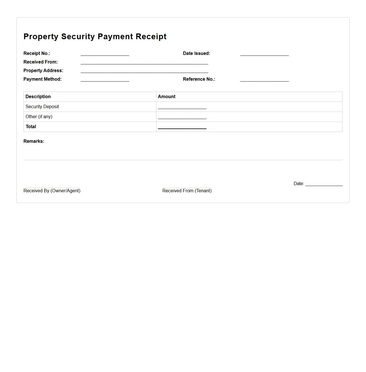 Property Security Payment Receipt Sample