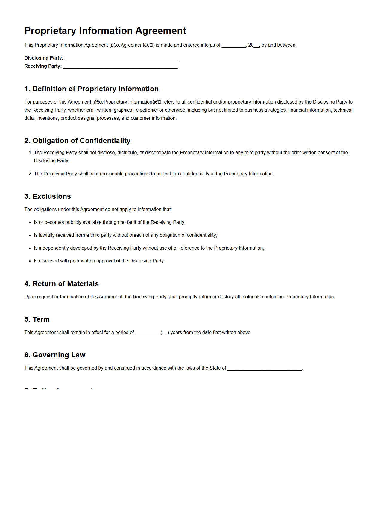 Proprietary Information Agreement Template