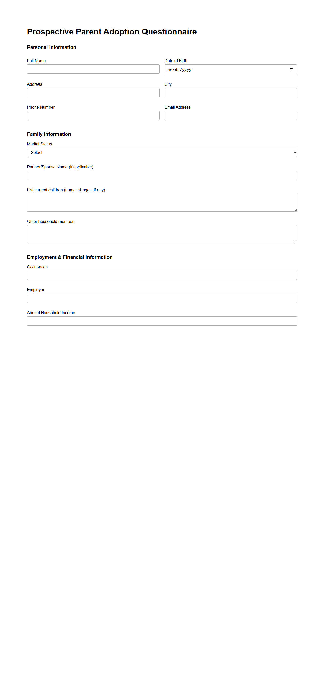 Prospective Parent Adoption Questionnaire for Agencies