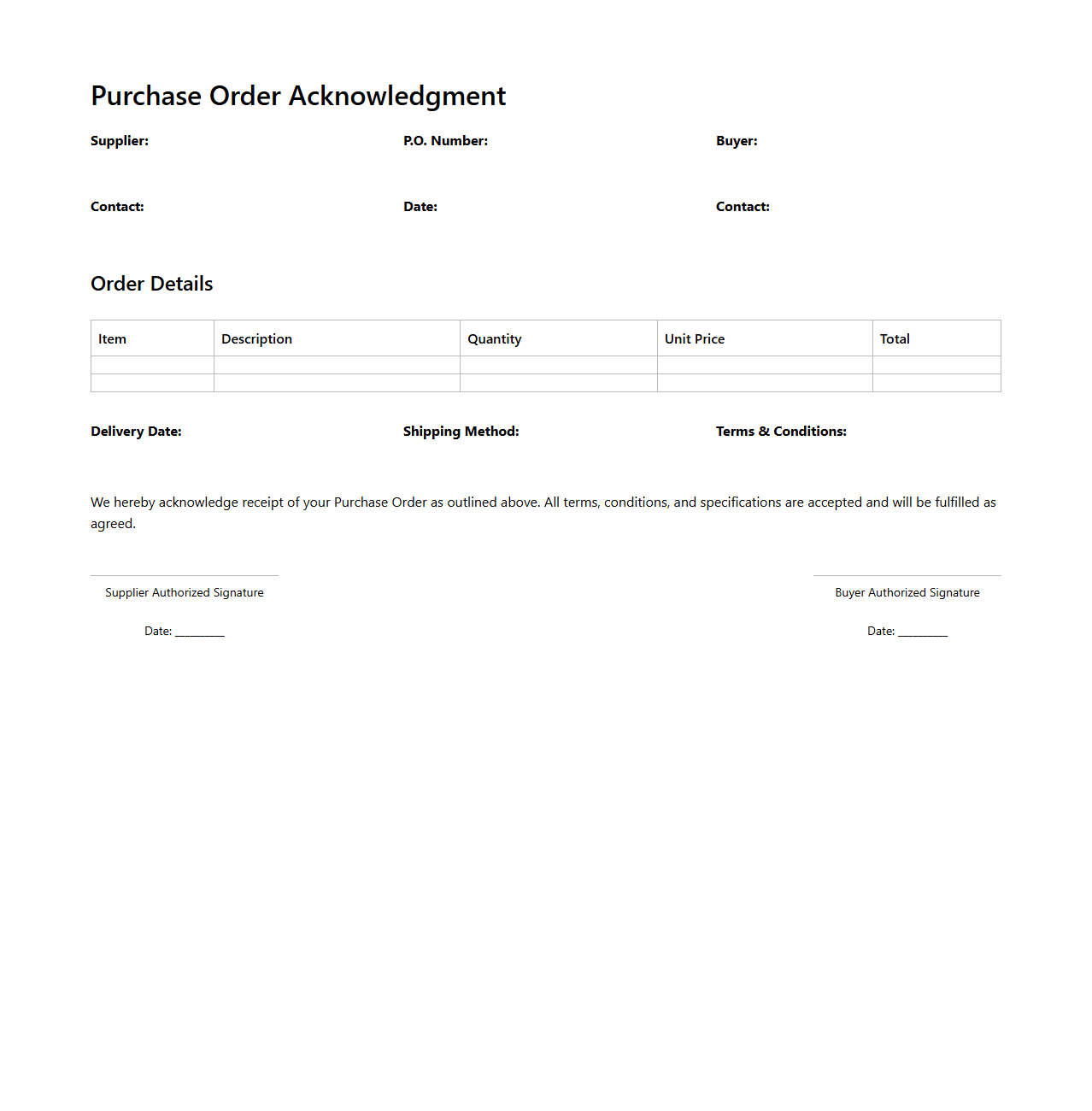 Purchase Order Acknowledgment Template