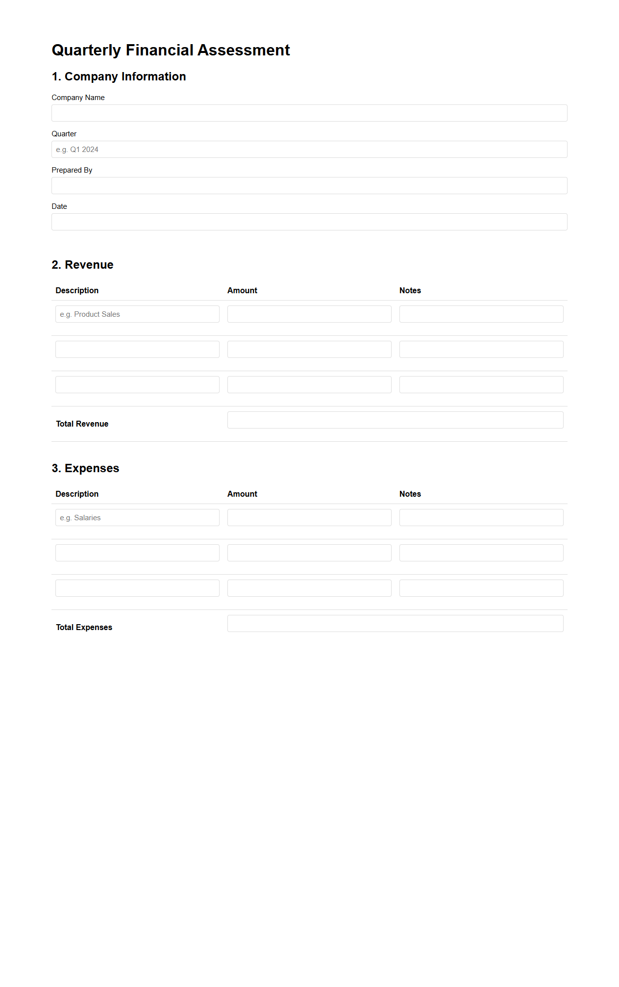 Quarterly Financial Assessment Template