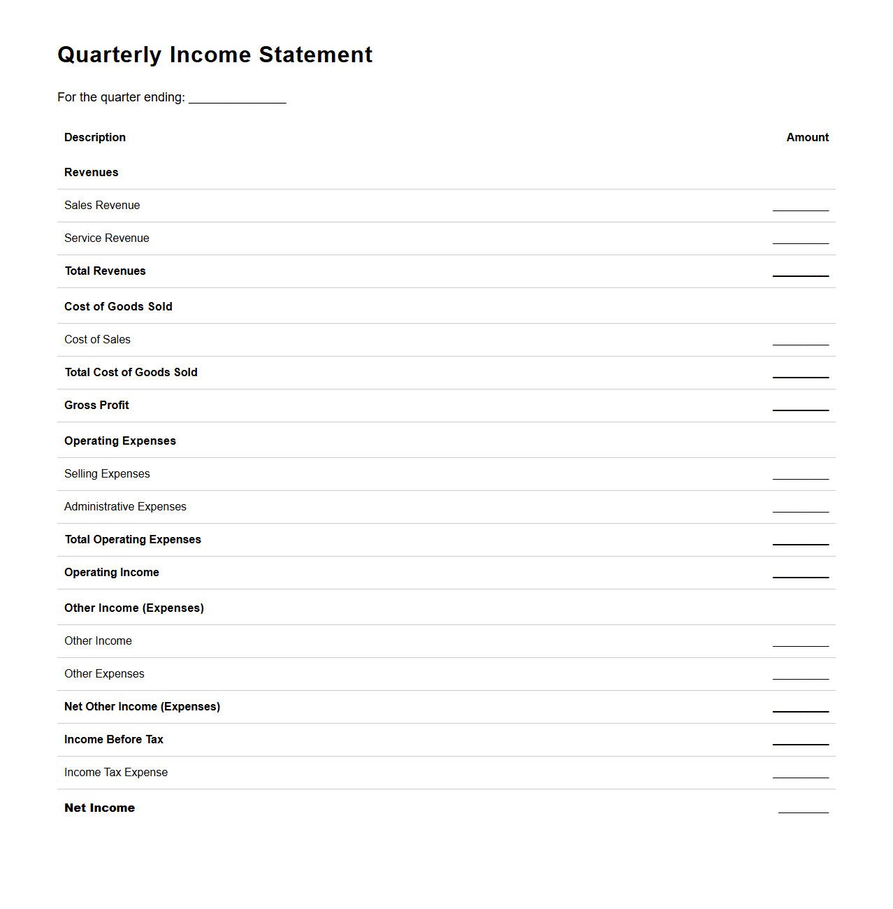 Quarterly Income Statement Format
