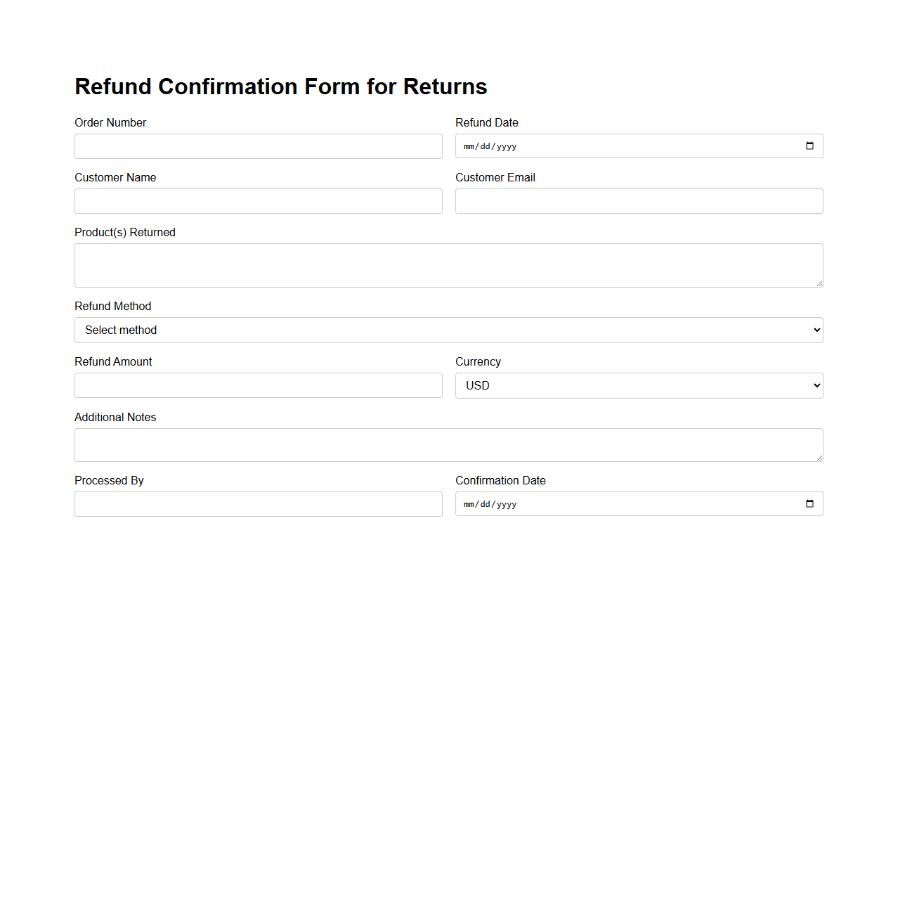 Refund Confirmation Form for Returns