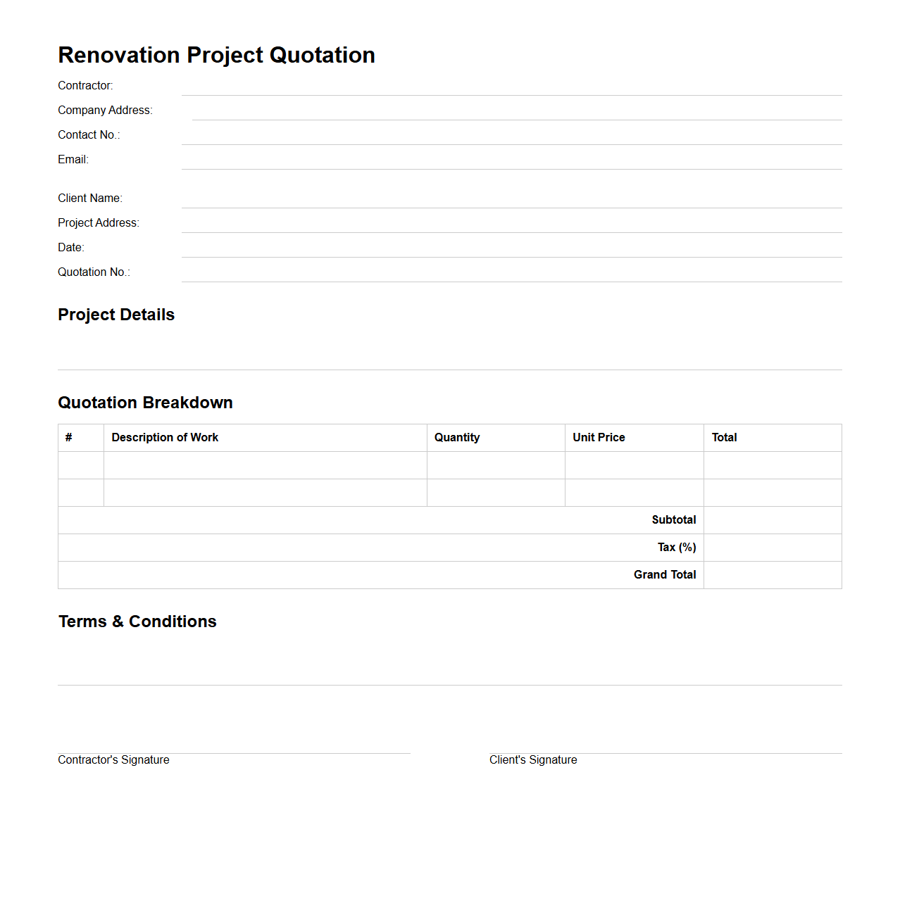 Renovation Project Quotation Template for Contractors