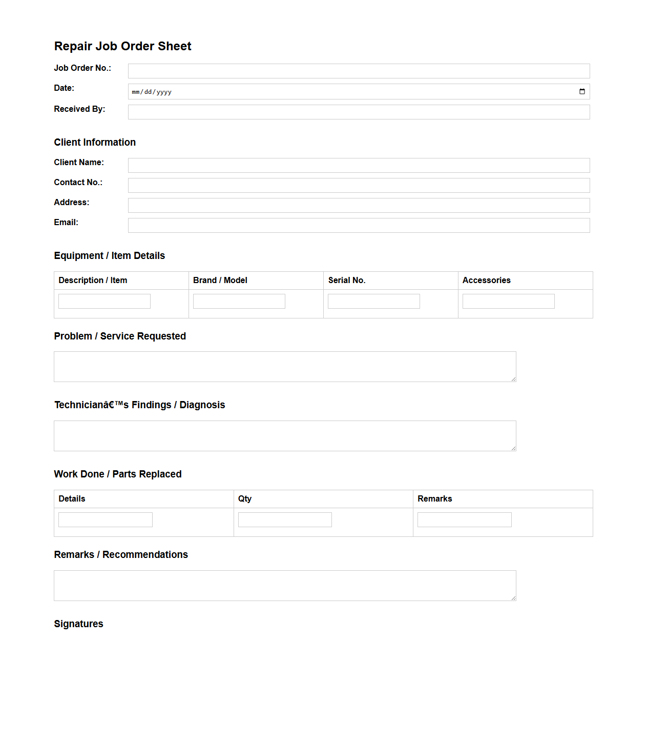 Repair Job Order Sheet for Technical Services