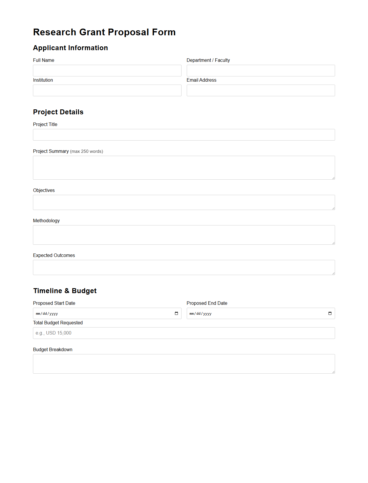 Research Grant Proposal Form for Academia