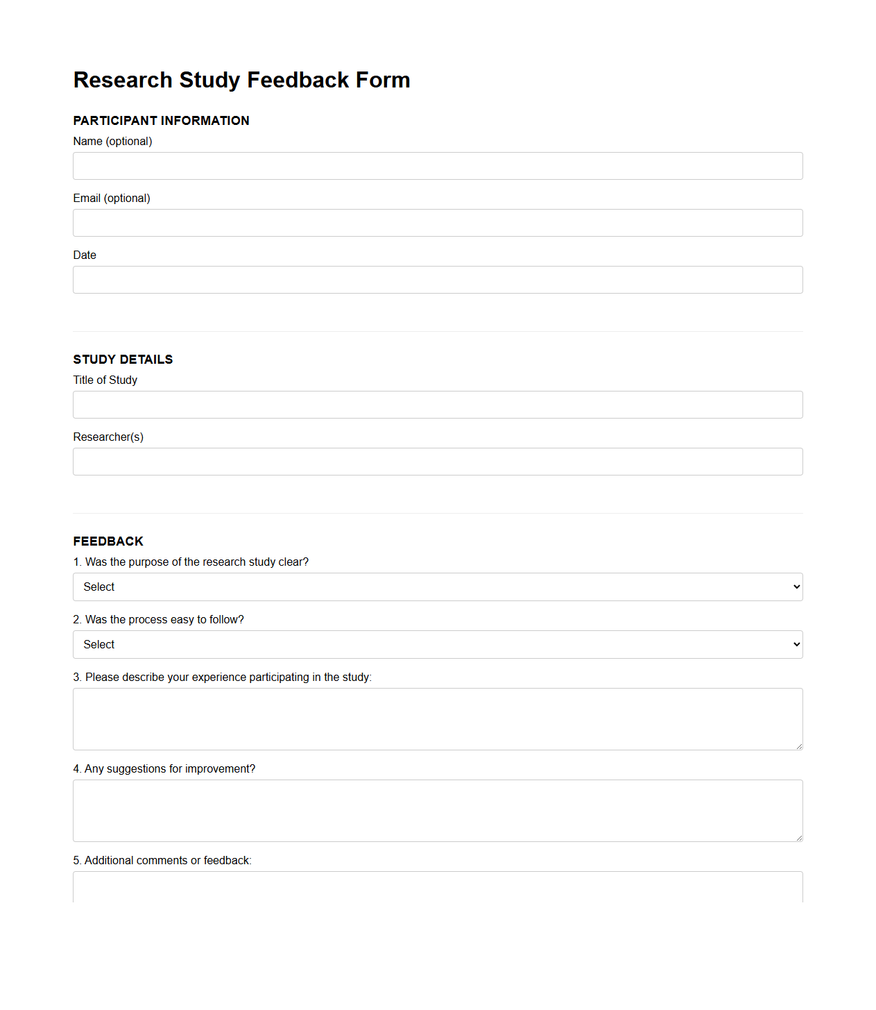 Research Study Blank Feedback Form Template