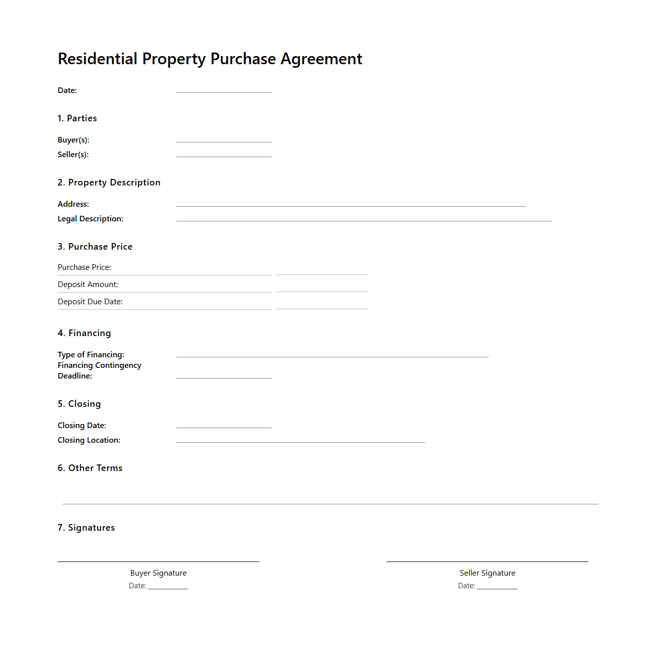 Residential Property Purchase Agreement Template