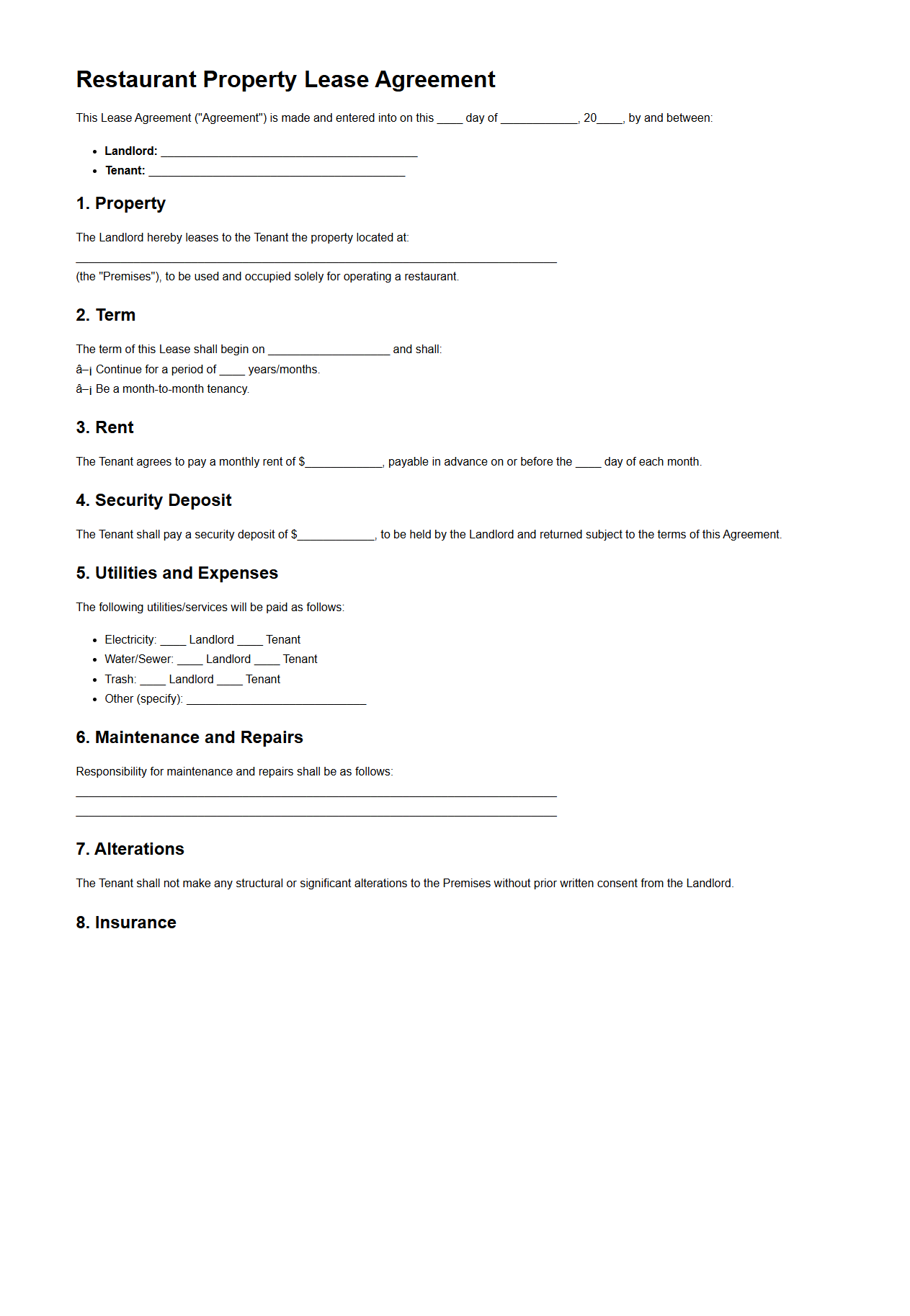 Restaurant Property Lease Template