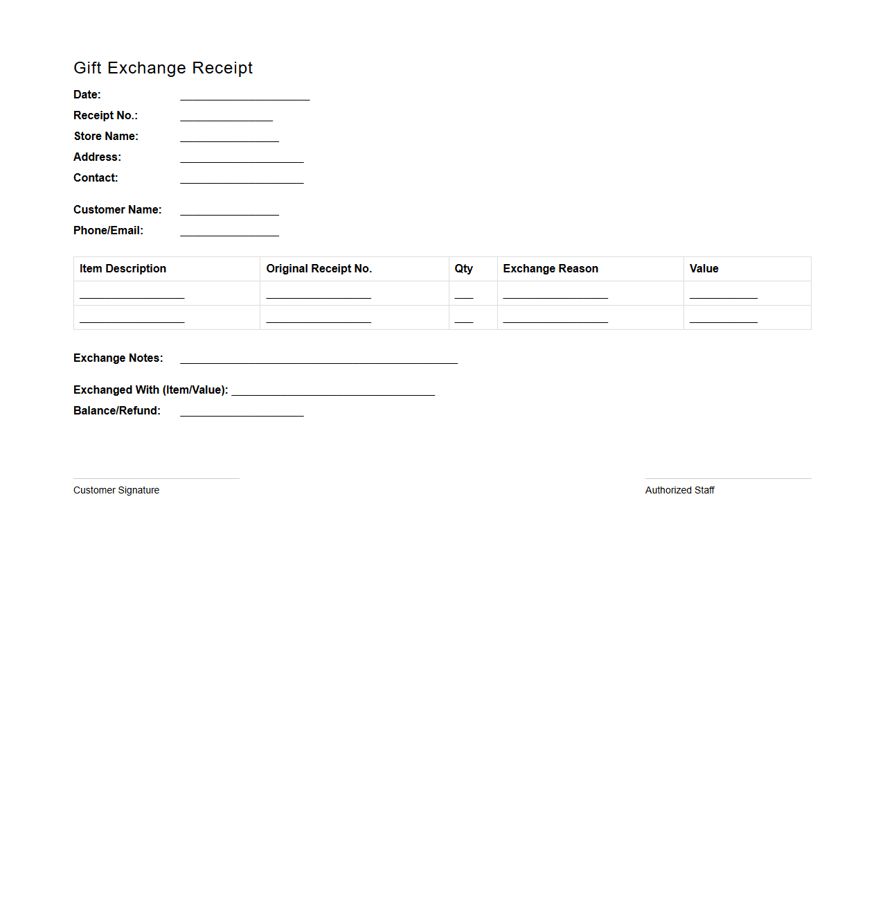 Retail Gift Exchange Receipt Format