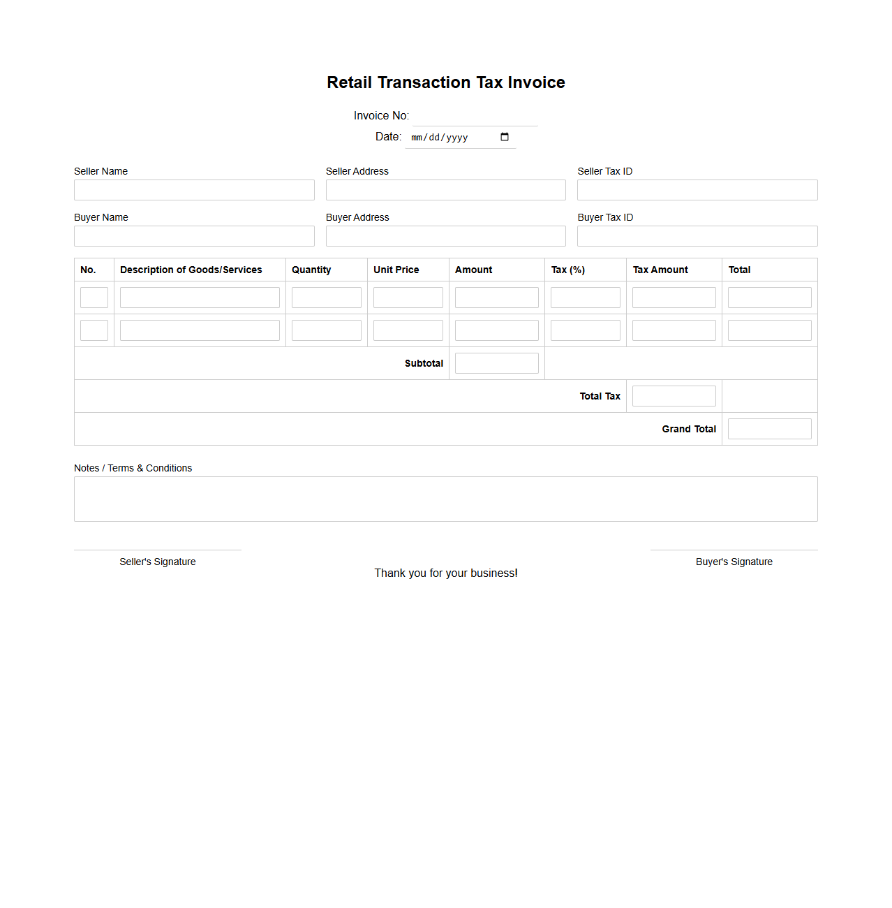 Retail Transaction Tax Invoice Form