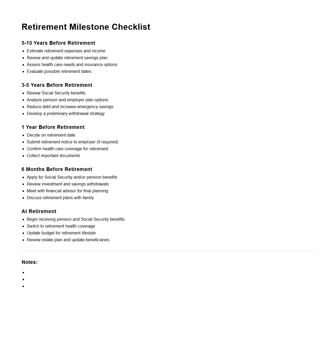 Retirement Milestone Checklist Template