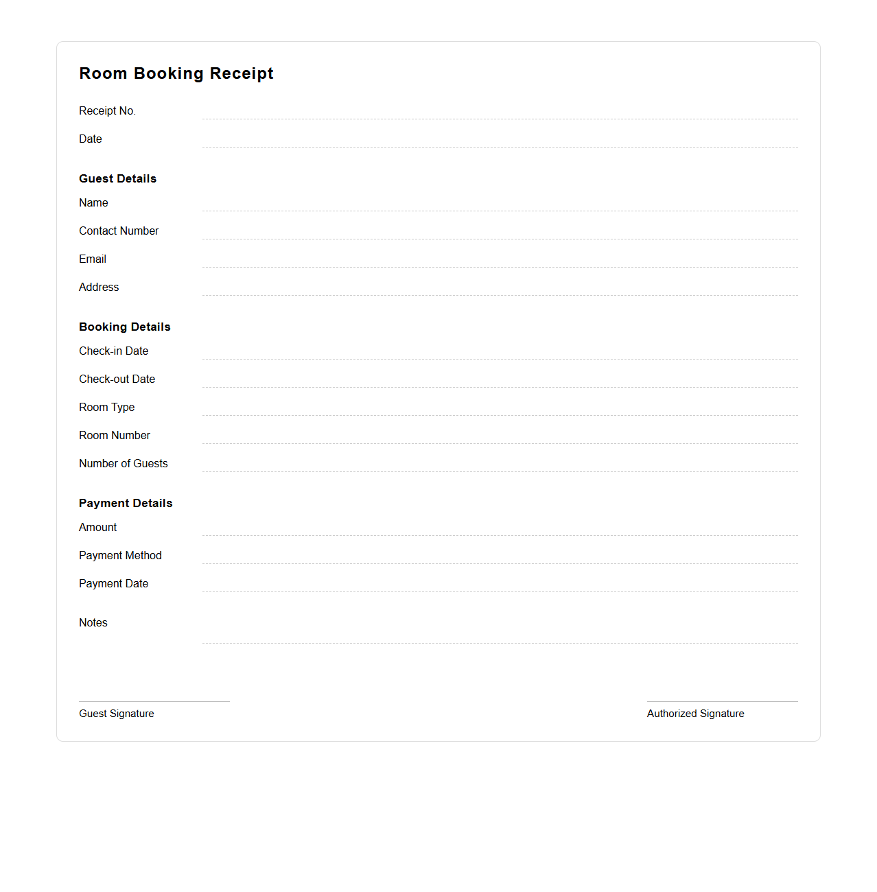 Room Booking Receipt Template for Guests