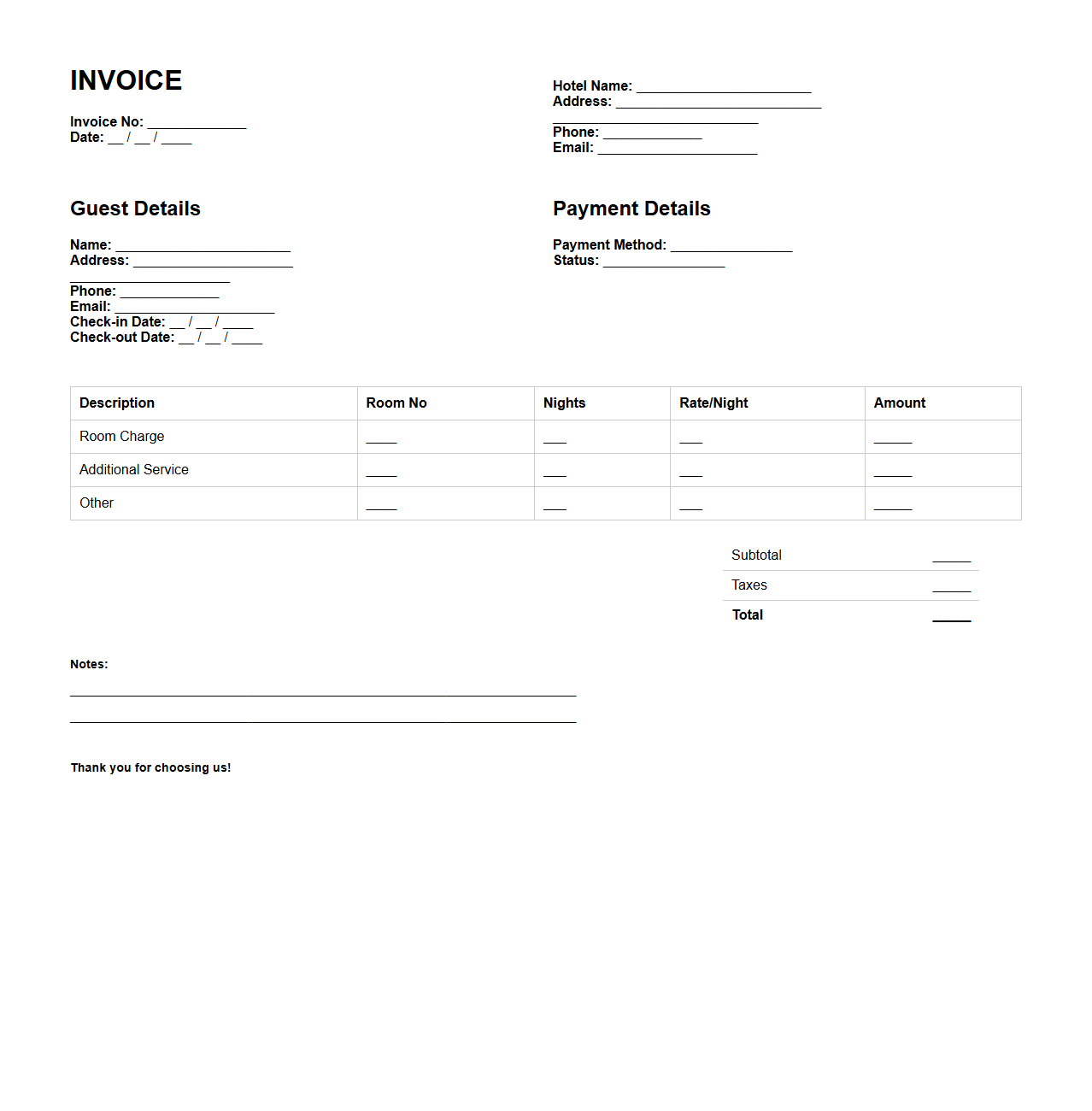 Room Invoice Template for Hospitality Businesses