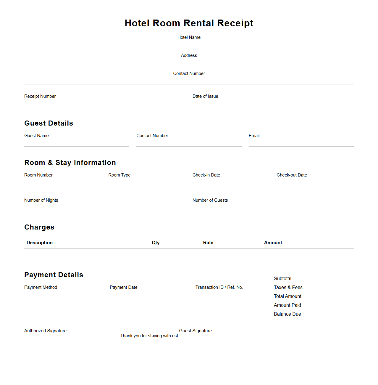 Room Rental Receipt Layout for Hotel Stays