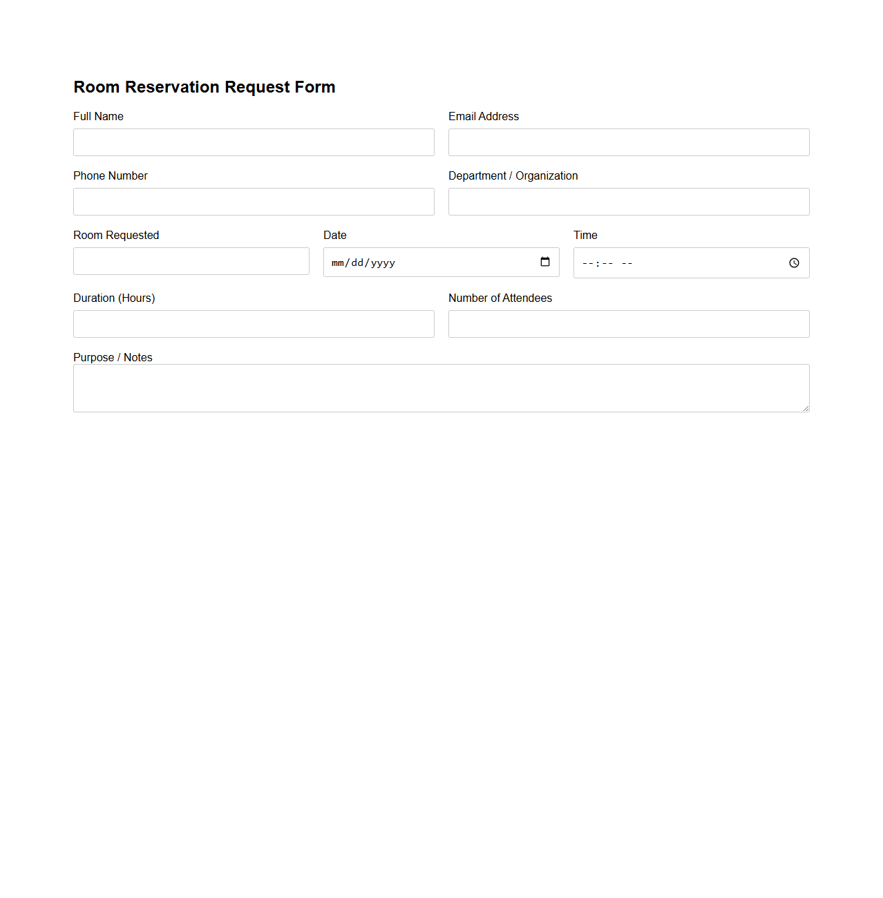 Room Reservation Request Form Template