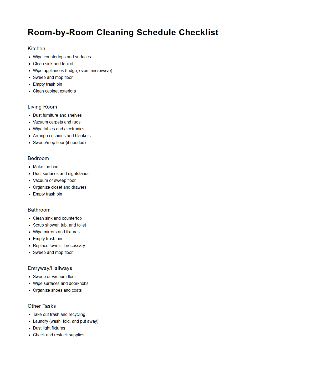 Room-by-Room Cleaning Schedule Checklist