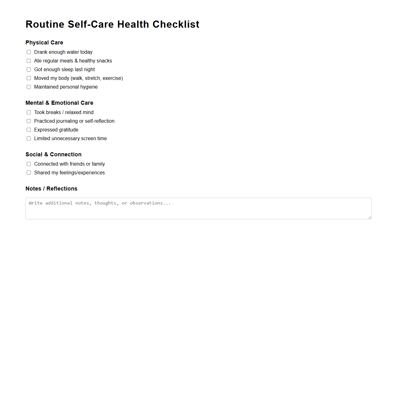Routine Self-Care Health Checklist