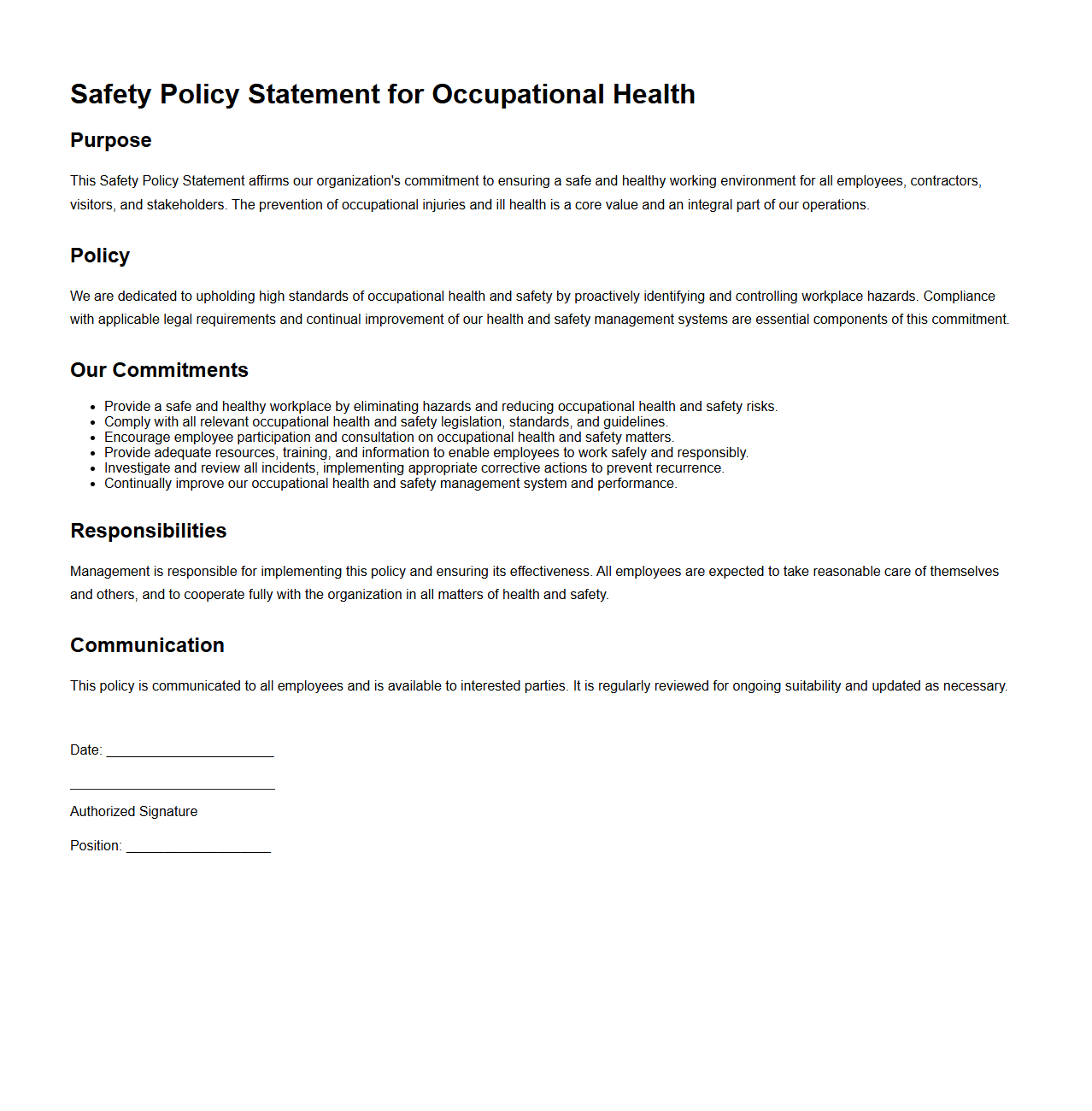 Safety Policy Statement for Occupational Health