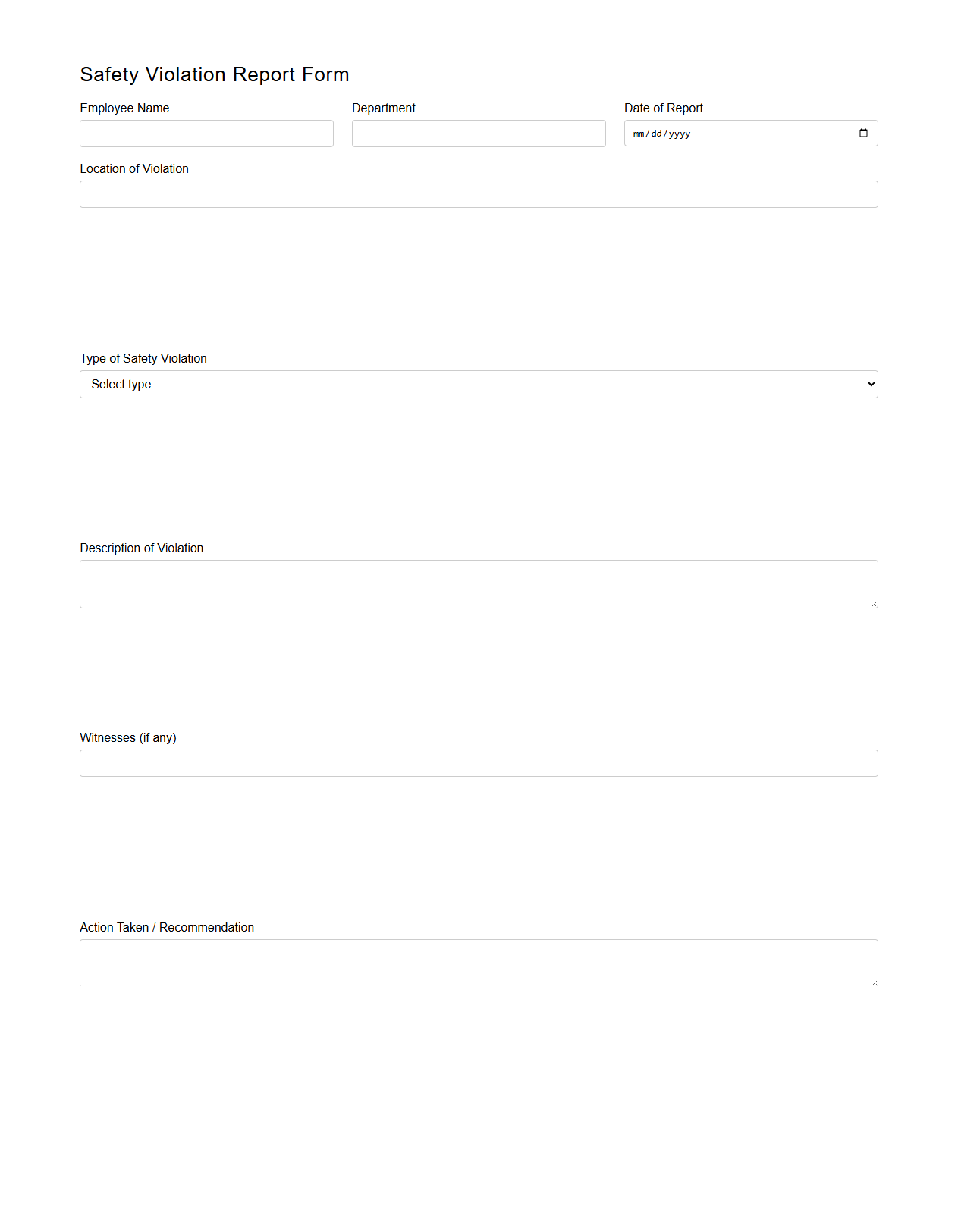 Safety Violation Report Form for Employees