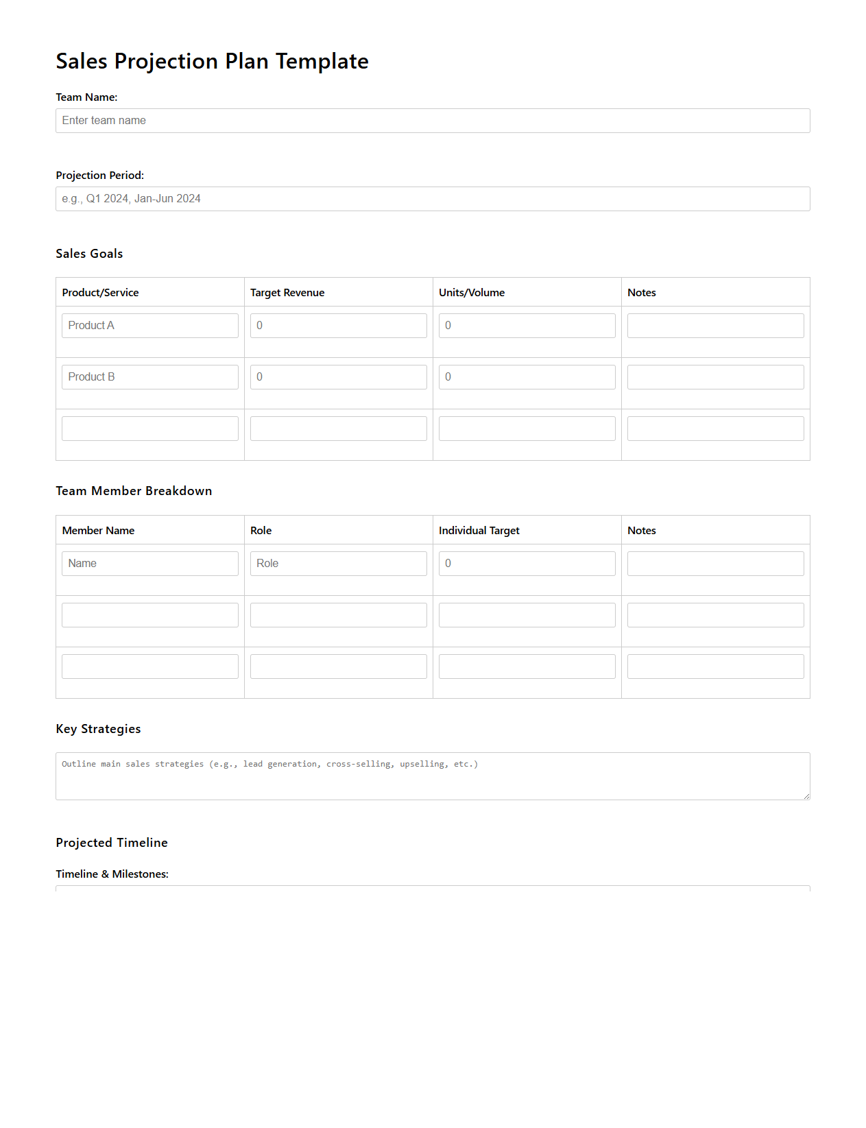 Sales Projection Plan Template for Teams
