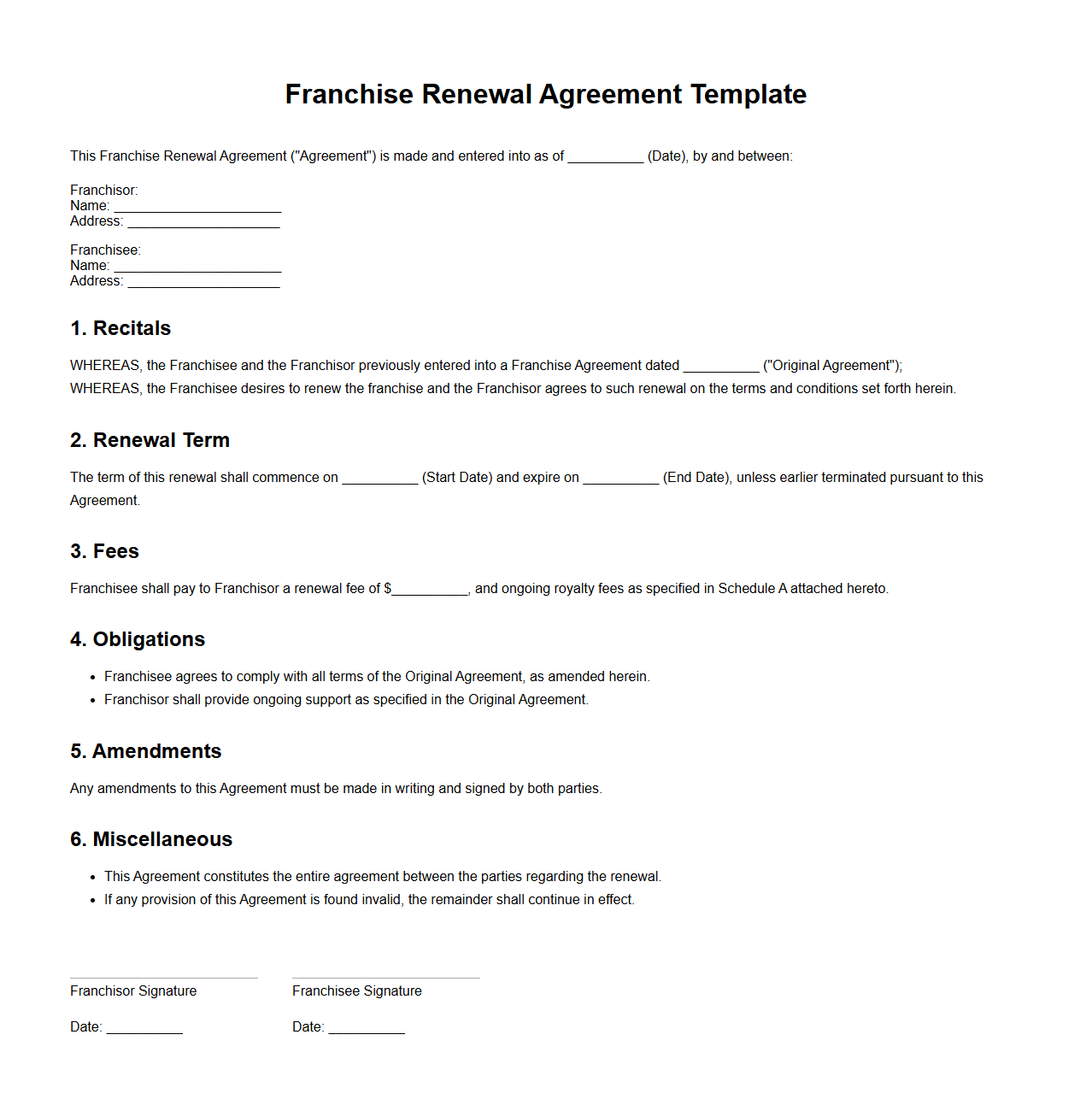 Sample Blank Template for Franchise Renewal Agreement