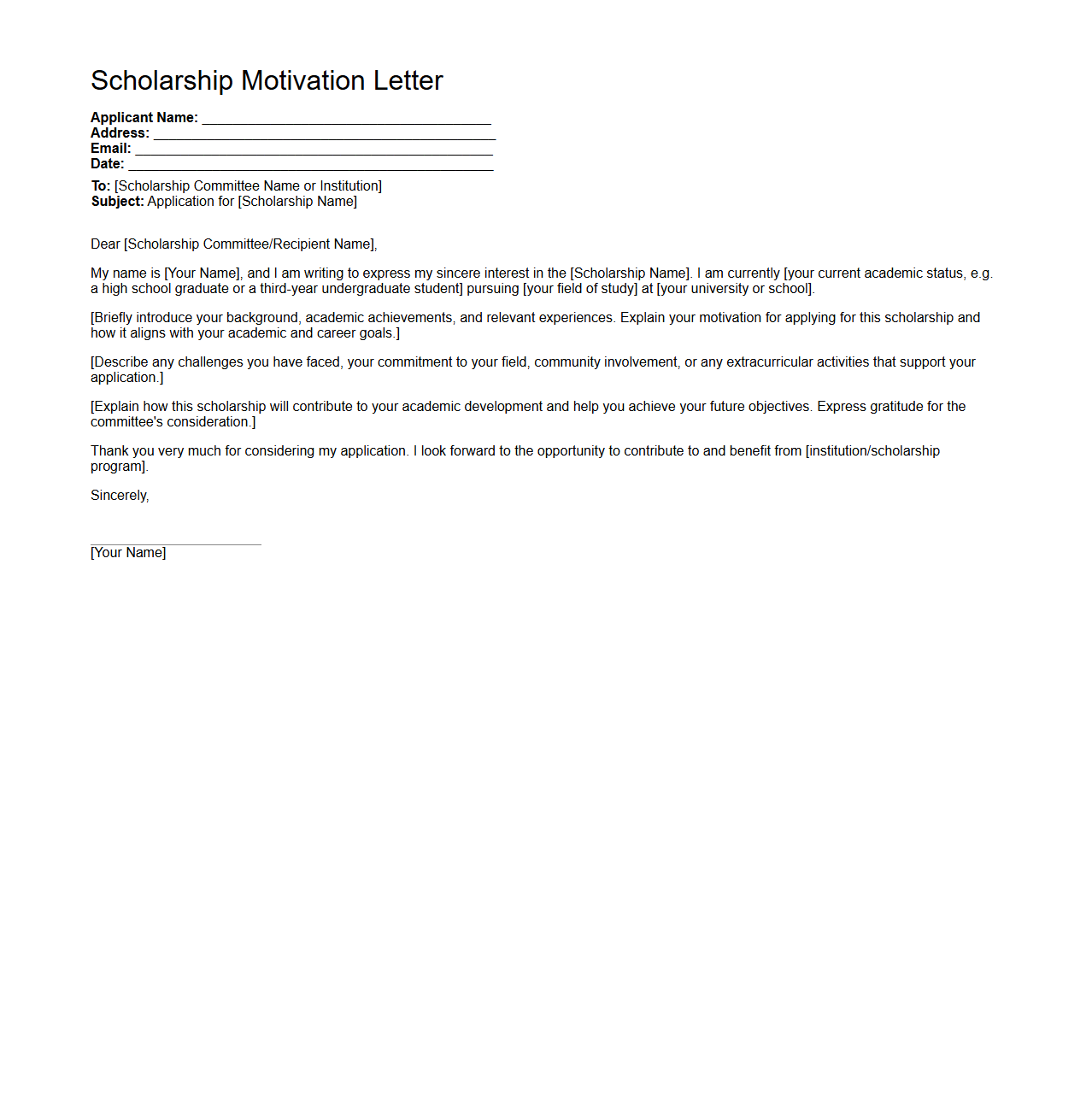 Scholarship Motivation Letter Template