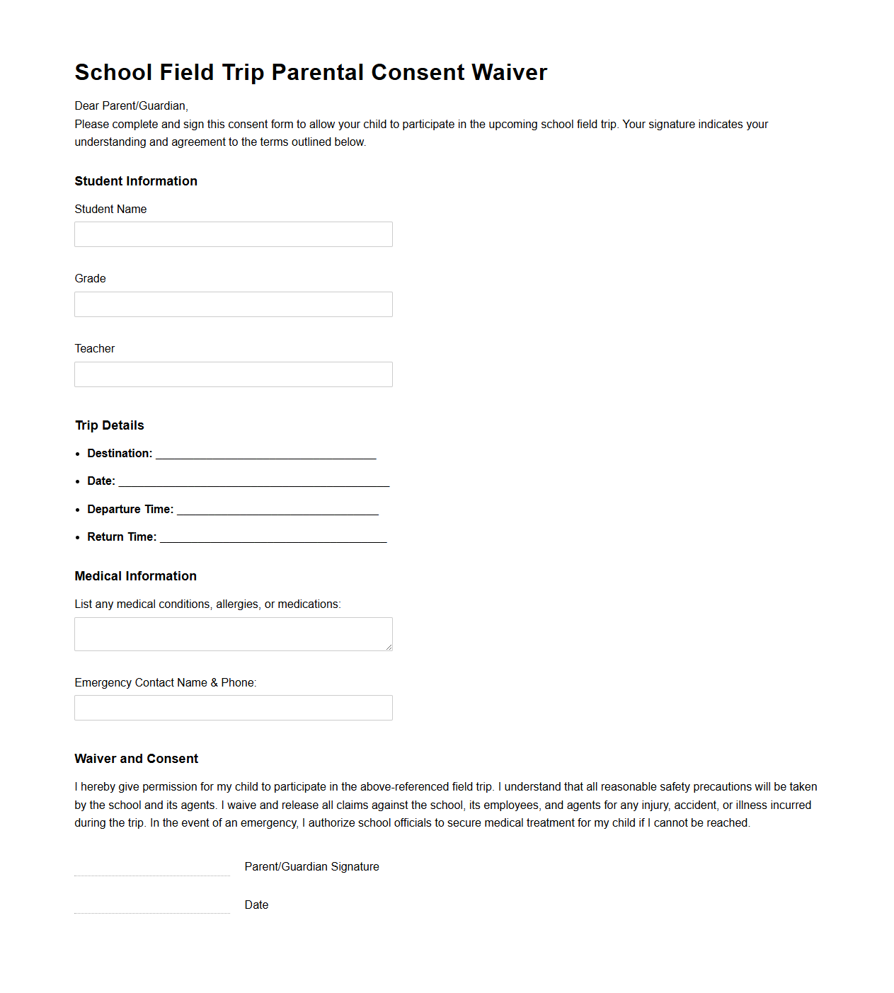 School Field Trip Parental Consent Waiver