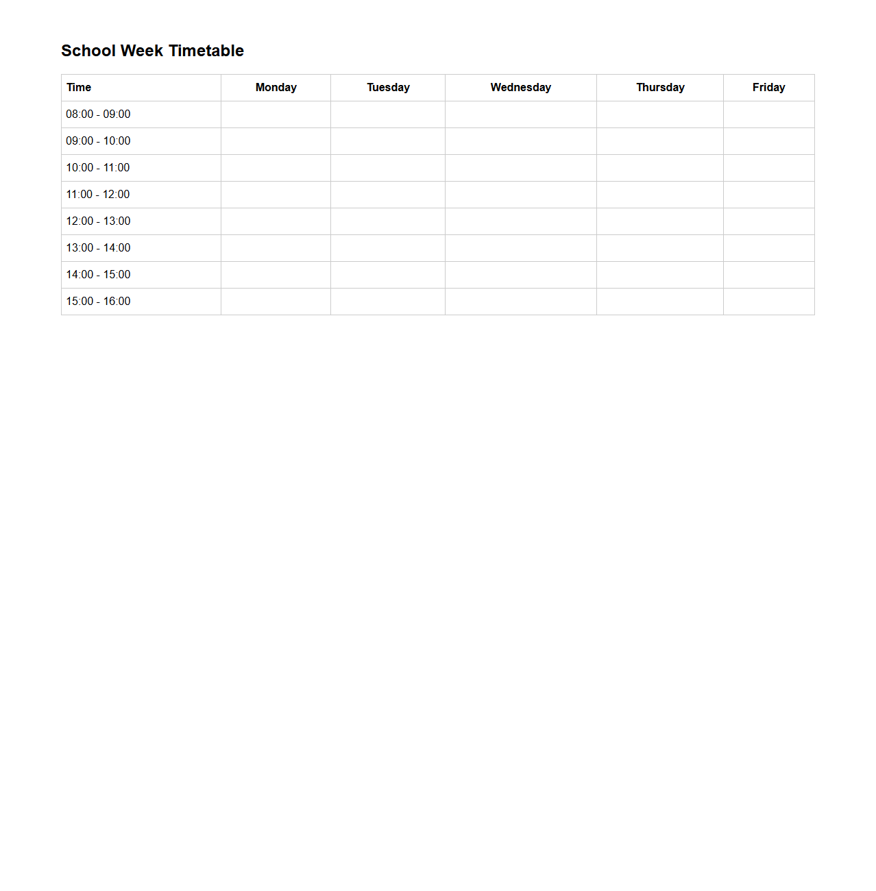 School Week Timetable Template