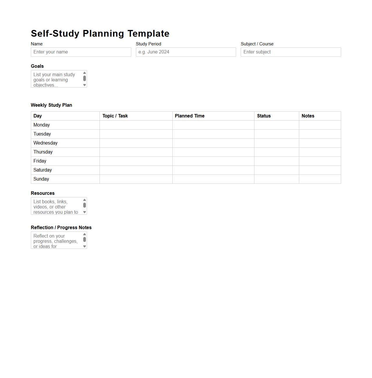 Self-Study Planning Template for Students