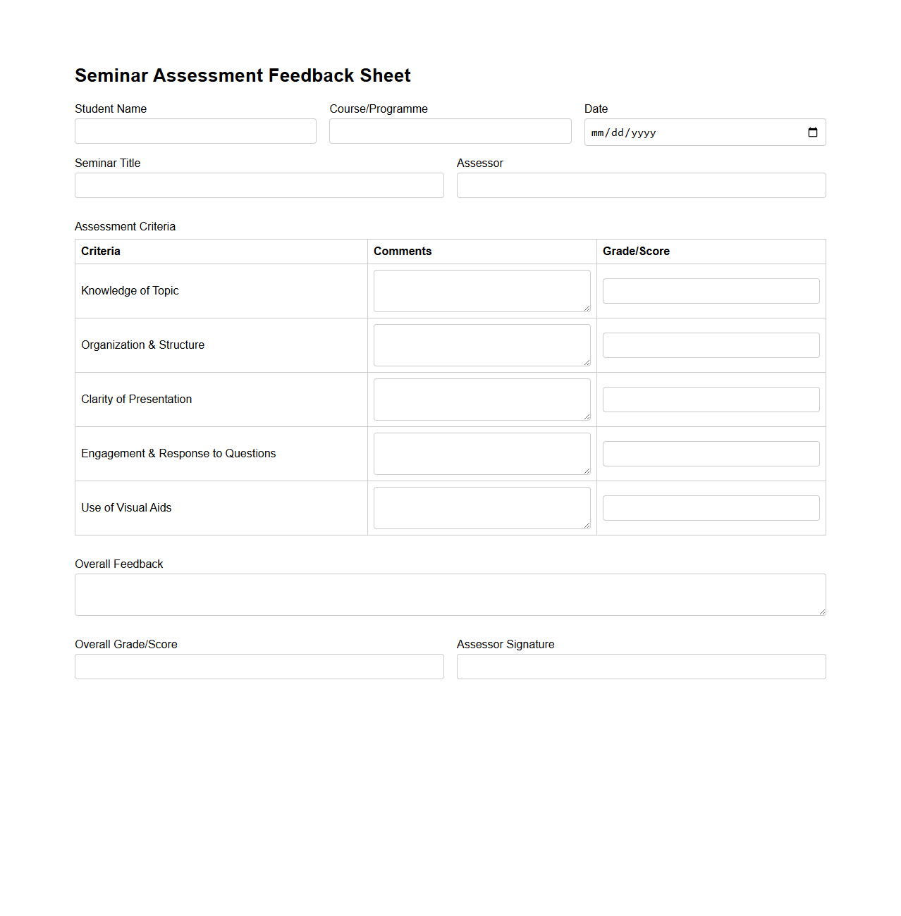 Seminar Assessment Feedback Sheet